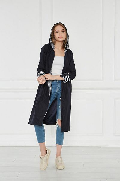 comstar Women's Drawstring Water Repellent Navy Hooded Loose Trench Coat