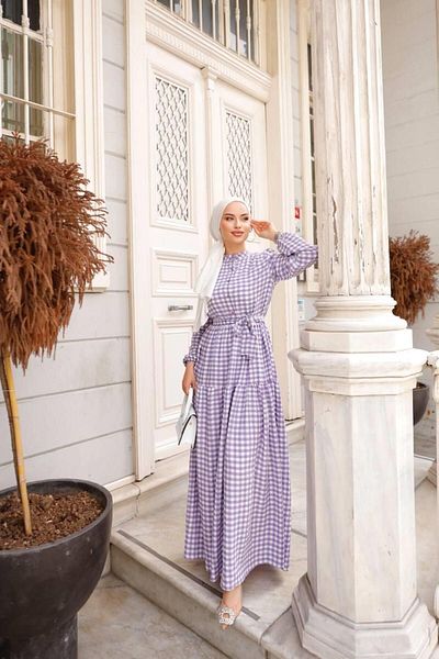 comstar Rochie de damă cu mâneci cu șnur cu model pătrat mov, largi, musulmană
