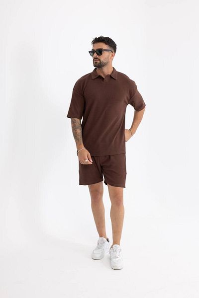 comstar Men's Basic Polo Neck T-Shirt Shorts Brown Double Set