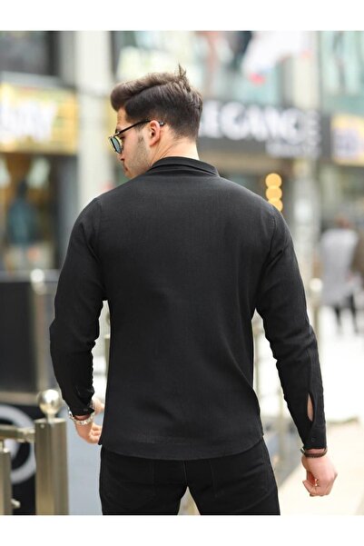 comstar Ανδρικό πουκάμισο με διπλό γιακά μακρυμάνικο μαύρο λινό