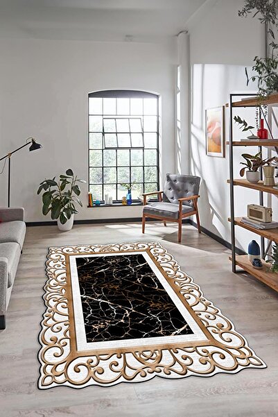 EY HOME Digital Printed Non-Slip Base Washable Marble Pattern Framed Laser Cut Carpet