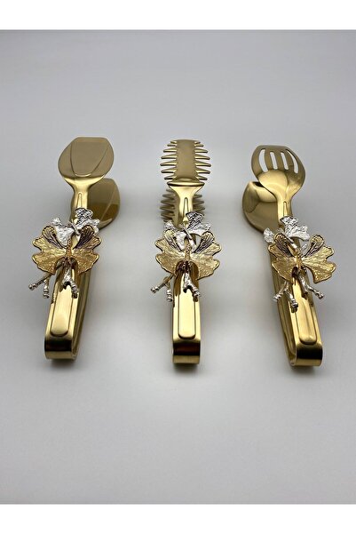 Fiyakalı Ürünler Atölyesi Gold Butterfly Patterned Cake - Pasta, Salad and Cake Serving Serving Tongs, Stainless Steel Food Set