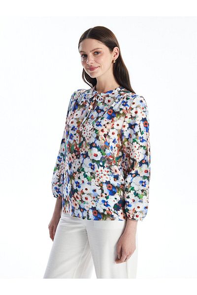 LC Waikiki Γυναικεία μπλούζα με δέσιμο γιακά Floral μακρυμάνικη oversize