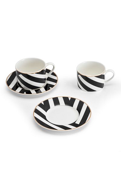 MIKASA Mkldgeocuppk2 Luxe Deco Geometric Stripes Set of 2 200ml Teacups and Saucers