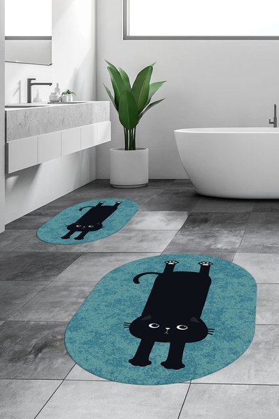 EY HOME Digital Washable Non-Slip Cute Cat Double-Sided Bathroom Rug Mat Oval Toilet Set