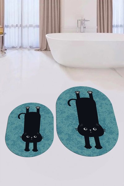 EY HOME Digital Washable Non-Slip Cute Cat Double-Sided Bathroom Rug Mat Oval Toilet Set