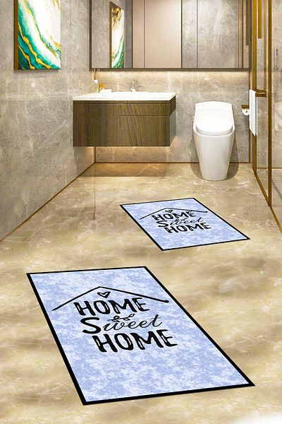 EY HOME Set de scaune de toaletă cu covor de baie dublu, lavabil, imprimat, Home Sweet Written, KLOZET-14-ALBASTRU,