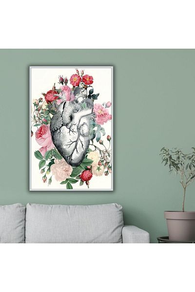 GAAGART Tablou poliklinikă cardiologie din sticlă cu cadru metalic Inimă cu flori