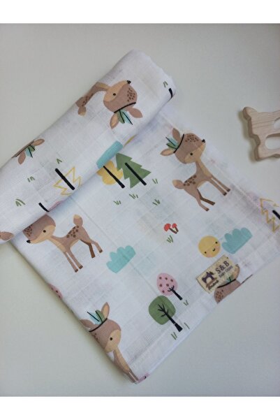 sbbaby Geyik Desenli Müslin Bebek Örtü Organik Çok Amaçlı Müslin Bebek Battaniye