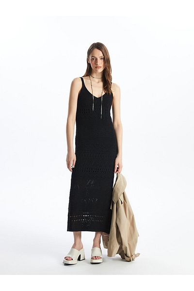 LC Waikiki V-Neck Women's Knitwear Dress - Openwork Straps