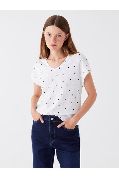 LC Waikiki V-Neck Polka Dot Short Sleeve Women's T-Shirt