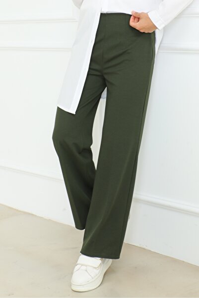 Bestenur Khaki Palazzo Scuba Trousers 866 - Relaxed Fit