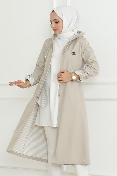 Modamihram Beige Hooded Zippered Trench Coat 19205
