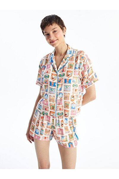 LC Waikiki طقم بيجامة نسائي LCW - رقبة قميص، طباعة، أكمام قصيرة وشورت