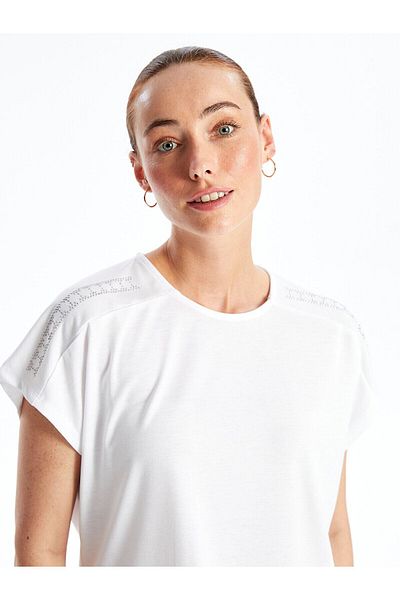LC Waikiki Γυαλιστερή πέτρα με στάμπα Crew Neck Γυναικεία Μπλούζα - Κοντό μανίκι