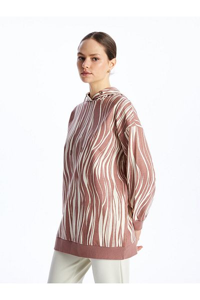 LC Waikiki LCW Modest Kapuzenmuster Langarm-Sweatshirt-Tunika für Damen