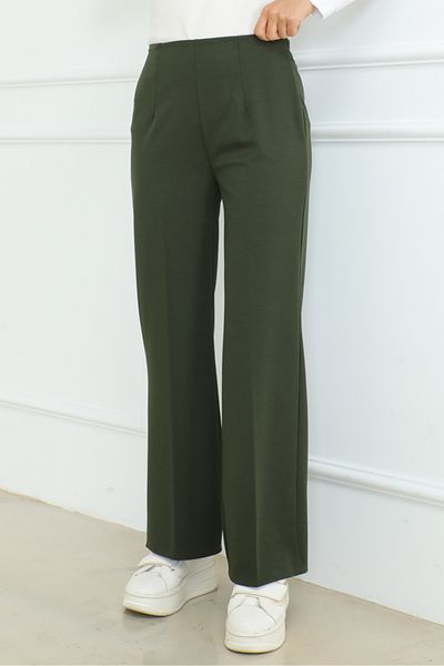 Bestenur Khaki Palazzo Scuba Trousers 866 - Relaxed Fit