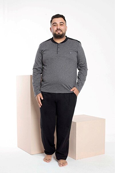 bie's Ανδρικό σκούρο γκρι 3 κουμπιά - 100% βαμβακερό σετ εποχιακής πιτζάμας με τσέπη στο στήθος