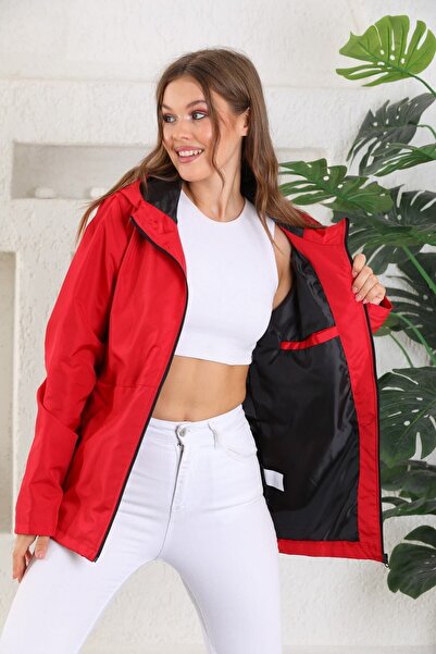 D1fference Women's Red Lined Waterproof Hooded Raincoat with Pockets - Windbreaker Dby-23