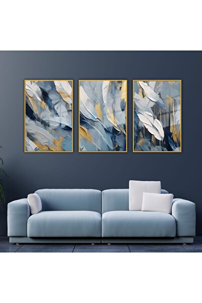 GAAGART 3'lü Metal Çerçeveli Cam Tablo Seti Turkuaz Gold Kuş Tüyü