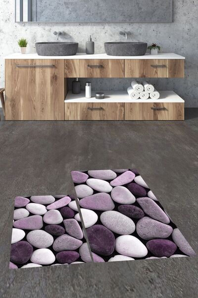EY HOME 3D Renkli Taş Desenli Yıkanabilir Kaymaz Silinir İkili Banyo Halısı P...