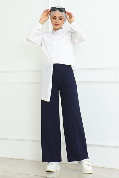 Bestenur Navy Blue Palazzo Scuba Trousers - 866