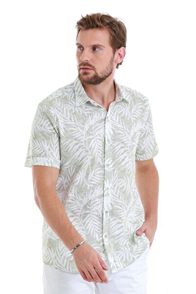 Hatemoğlu Green Comfort Fit Printed 100% Cotton Slim Collar Short Sleeve Shirt
