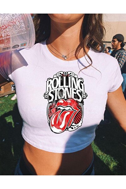 1blood Y2K Street Style Λευκό Γυναικείο Rolling Stones με κοντό μανίκι Crop κ...