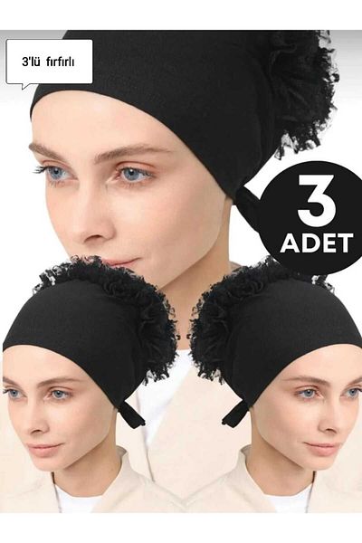 İmpavido Akvbone 3 Pieces Black Bonnet - Frilly Daily Hijab Wear, Headscarf, Turban and Scarf Shawl