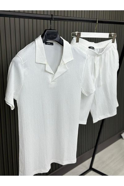 NO 601 Set de tricou și pantaloni scurți pentru bărbați cu guler înfășurat alb