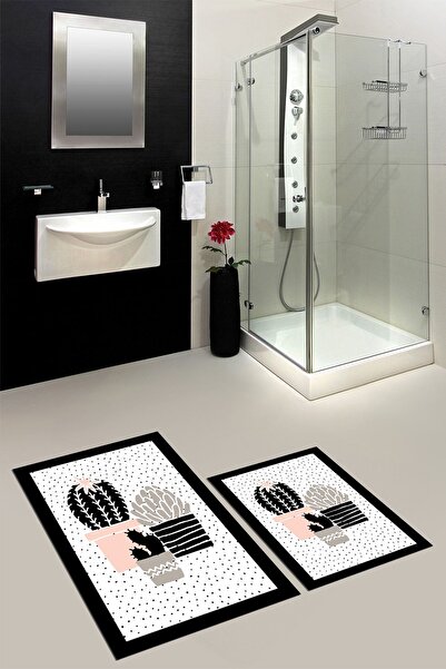 EY HOME Ψηφιακό σετ τουαλέτας με δύο χαλιά μπάνιου με αντιολισθητικό σχέδιο λουλουδιών κάκτου που πλένεται με τύπωμα φορές