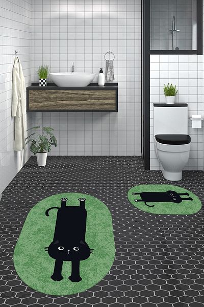 EY HOME Set de scaune de toaletă ovale, lavabil digital, pisică drăguță, covor dublu de baie, OKLZT-39-GREEN,