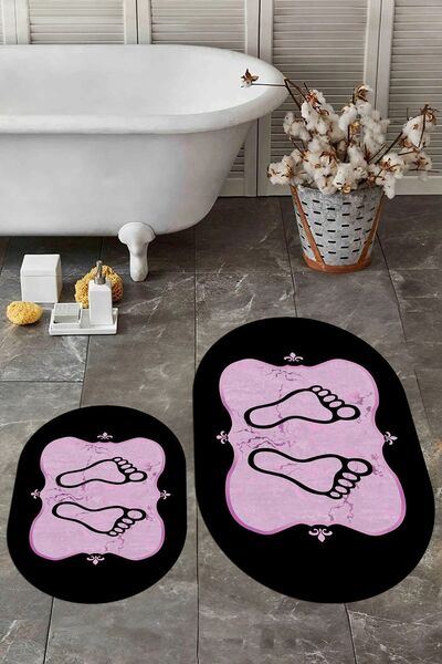 EY HOME Digital Washable Non-Slip Modern Footprint Pattern Double Oval Bathro...