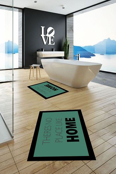 EY HOME Set de scaune de toaletă cu covor de baie dublu, lavabil, imprimat, cu scris acasă, KLOZET-13-GREEN,