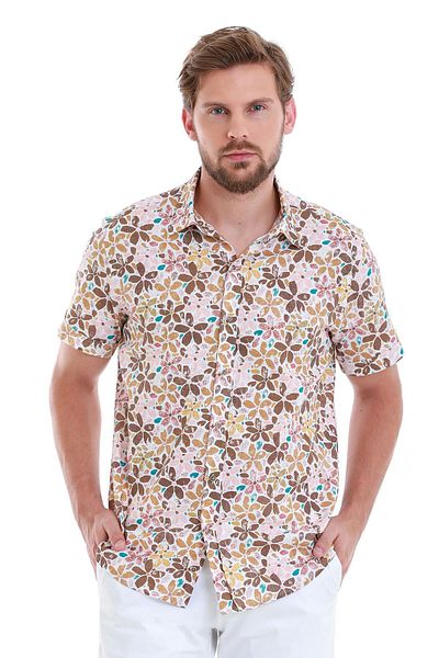 Hatemoğlu Καφέ Comfort Fit εμπριμέ 100% βαμβακερό κοντομάνικο πουκάμισο με λεπτή λαιμόκοψη
