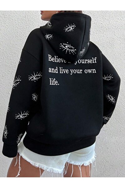 MOONBULL Believe In Yourself Γυναικείο φούτερ με κουκούλα μεγάλου μεγέθους - στάμπα στην πλάτη και μοτίβο μανίκι