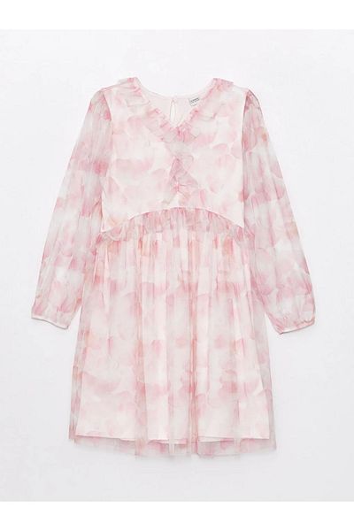 LC Waikiki LCW Kids V-neck Patterned Long Sleeve Girl's Tulle Dress