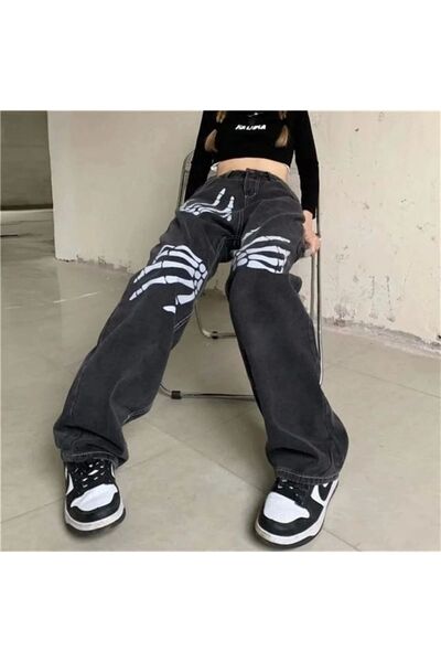 1blood بنطال رمادي داكن بأرجل واسعة مطبوع عليه هيكل عظمي قوطي للجنسين