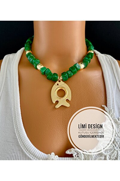 Limi Design خرز زجاجي ذهبي - قلادة مورانو مع إكسسوار سمكة