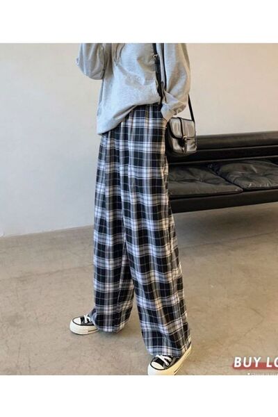 weywot Harajuku ασπρόμαυρο καρό παντελόνι Καλοκαιρινό casual φαρδύ πόδι Κορεάτικη μόδα Φαρδύ ίσιο παντελόνι φούτερ Y2k πάτο