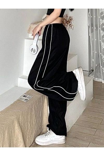 1blood Harajuku Black Striped Unisex Parachute Pants / Sweatpants