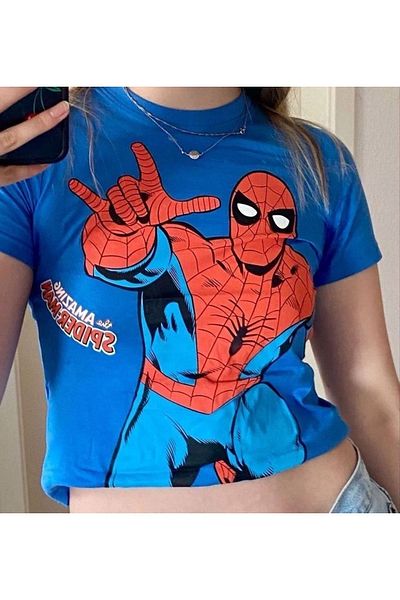1blood Y2k Spiderman Blue The Amazing Spiderman Crop Top
