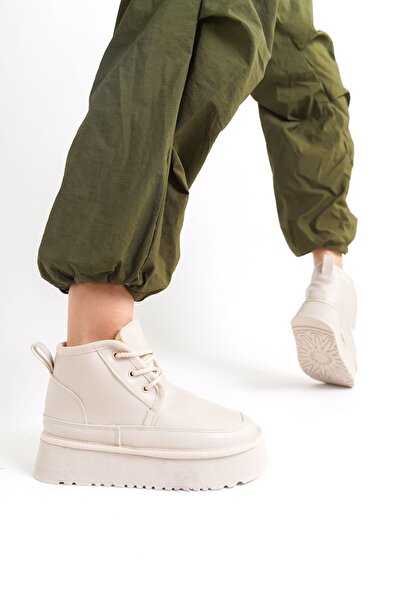 TOPUK Agu Bağcıklı Kalın Tabanlı Içi Kürklü Kadın Bot Bej Cilt