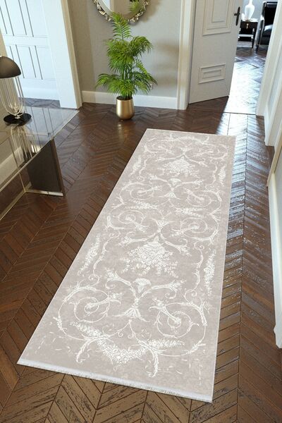 10 Post Online Beige Digital Printed - Non-Slip Round Oval Runner Hallway, Thin Washable Carpet