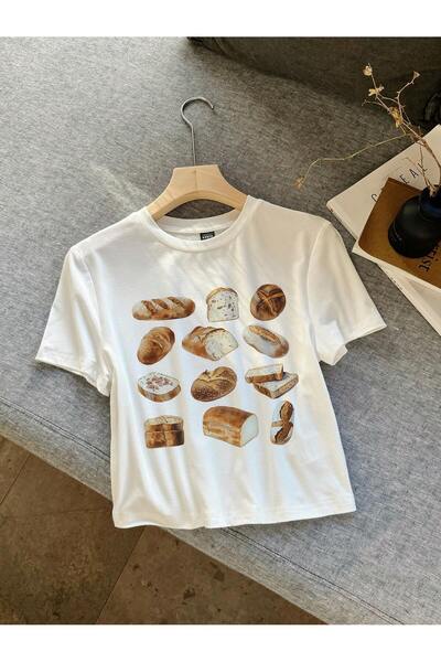 Jose Clothing KADIN BEYAZ BASKILI VÜCUDA OTURAN KISA KOLLU CROP TOP BLUZ