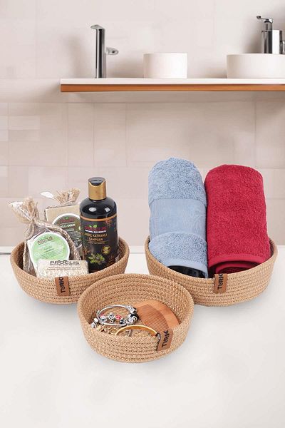 Pikas Wicker Basket 3 Pieces Organizer, 3 Pieces Basket Set, Jute Basket Organizer 3 Pieces Bathroom Organizer