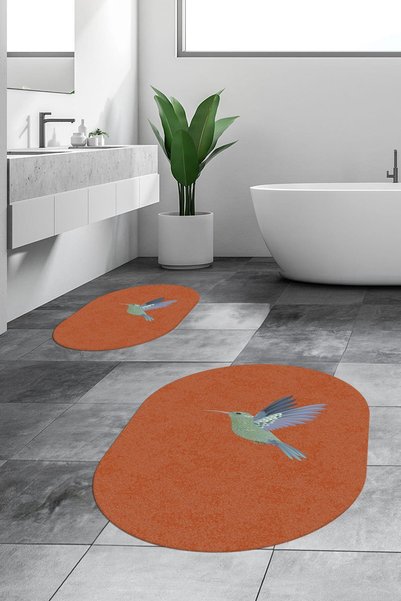 EY HOME Digital Washable Non-Slip Modern Bird Pattern Double Bathroom Rug Mat Oval Toilet Set