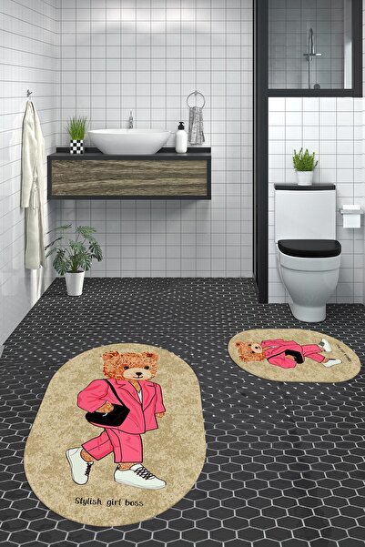 EY HOME Ψηφιακό πλενόμενο αντιολισθητικό σετ τουαλέτας με μοτίβο αρκουδάκι διπλό χαλάκι μπάνιου οβάλ σετ τουαλέτας