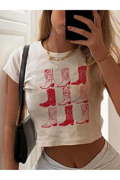 Jose Clothing Λευκό με τύπωμα Γυναικείο Crop Top - Κοντό μανίκι, Μπλούζα που ...