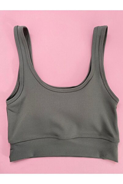 LEYNA BUTİK Women's 1 Piece Ribbed Fabric Thick Strap Blouse with Removable Pads - Half Tank Top (Green)